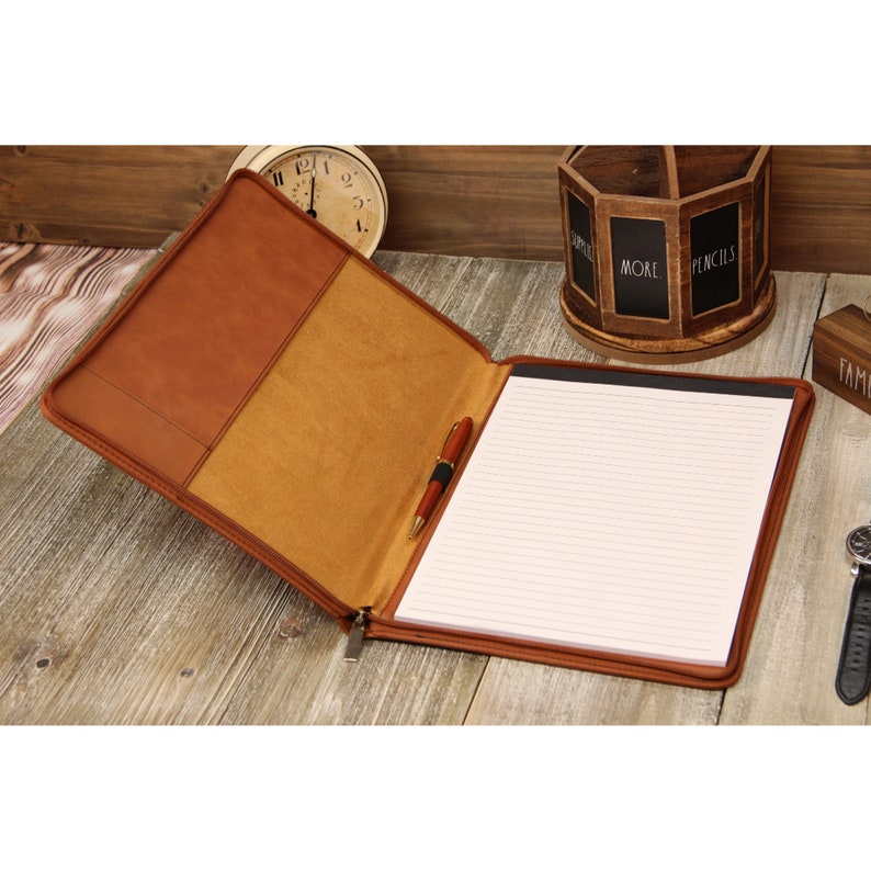 Personalized Zipper Leather Portfolio Personalized Notebook Etsy