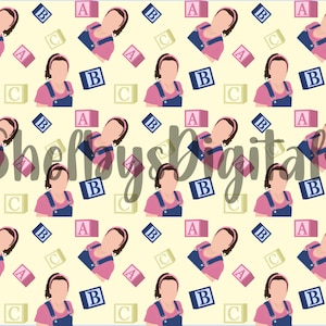 May include: A seamless pattern featuring a cartoon illustration of a person wearing a pink shirt and blue overalls. The pattern is repeated on a light yellow background with scattered blocks that have the letters A, B, and C on them. The blocks are in shades of pink, blue, and green.