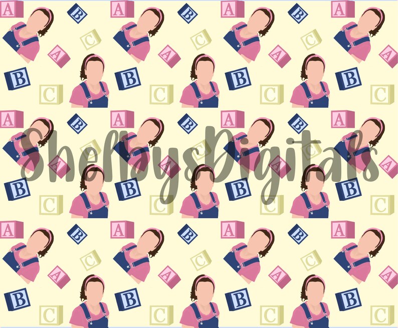 May include: A seamless pattern featuring a cartoon illustration of a person wearing a pink shirt and blue overalls. The pattern is repeated on a light yellow background with scattered blocks that have the letters A, B, and C on them. The blocks are in shades of pink, blue, and green.