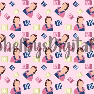 May include: A pink and white seamless pattern featuring a cartoon girl wearing a pink shirt and blue overalls. The pattern also includes blocks with the letters A, B, and C.