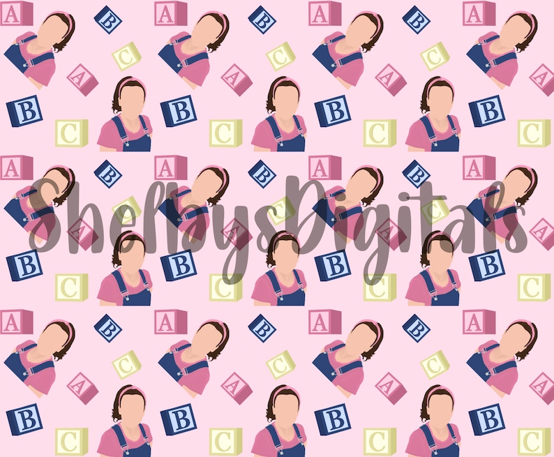 May include: A pink and white seamless pattern featuring a cartoon girl wearing a pink shirt and blue overalls. The pattern also includes blocks with the letters A, B, and C.