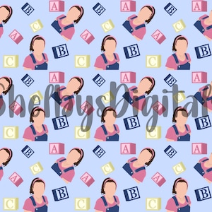May include: A seamless pattern featuring a girl wearing a pink shirt and blue overalls, with a headband, on a light blue background. The pattern is repeated with colorful blocks that have letters on them.