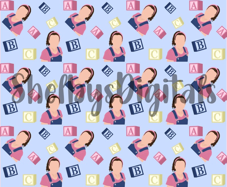 May include: A seamless pattern featuring a girl wearing a pink shirt and blue overalls, with a headband, on a light blue background. The pattern is repeated with colorful blocks that have letters on them.