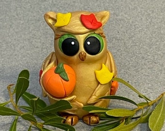 Autumn Owl, Fantasy Animal, Owl Figurine, Handmade Clay Figurine, Polymer Clay Owl, Whimsical, Polymer Clay Pumpkin, Fall, Autumn