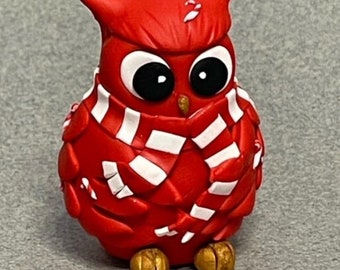 Candy Cane Owl, Polymer Clay Figurine, Polymer Clay Owl, Owl Figurine, Handmade Clay Figurine, Whimsical Bird, Red Bird, Owl Decor