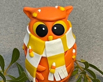 Candy Corn Owl, Owl Sculpture, Owl Figurine, Handmade Clay Figurine, Fantasy Animal, Polymer Clay Owl, Whimsical Bird