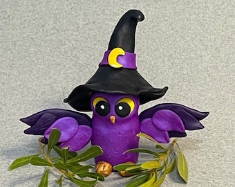 Witchy Owl, Handmade Owl Sculpture, Polymer Clay Figurine, Halloween Owl Figurine, Whimsical Bird