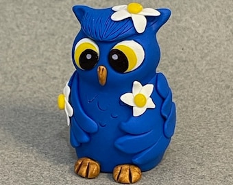 Blue Daisy Owl, Fantasy Animal, Owl Figurine, Handmade Clay Figurine, Polymer Clay Owl, Whimsical, Polymer Clay Flower, Blue Bird