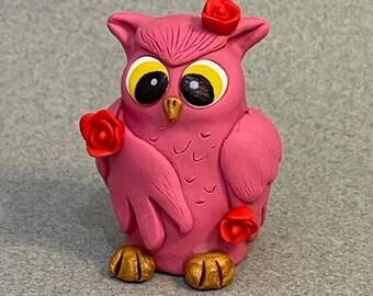 Rosie Owl, Polymer Clay Rose, Polymer Clay Owl, Owl Figurine, Handmade Clay Figurine, Whimsical Bird, Pink Bird