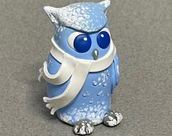 Winter Owl, Polymer Clay Figurine, Polymer Clay Owl, Owl Figurine, Handmade Clay Figurine, Whimsical Bird, Snow Owl, Blue Owl