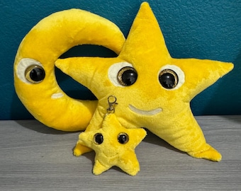 Yellow Happy Moon and Stars Plushie Pack,  Fantasy Creature , Nature Plush , Handmade Plushie, Stuffed Animal, Whimsical, Baby Shower Gift