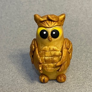 Peanut Butter Cookie Owl, Polymer Clay Figurine, Polymer Clay Owl, Owl Figurine, Handmade Clay Figurine, Whimsical Bird, Gold Owl