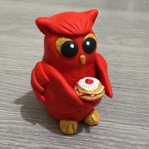 Red Owl, Polymer Clay Figurine, Polymer Clay Owl, Owl Figurine, Handmade Clay Figurine, Whimsical Bird, Strawberry Shortcake