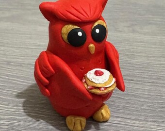 Red Owl, Polymer Clay Figurine, Polymer Clay Owl, Owl Figurine, Handmade Clay Figurine, Whimsical Bird, Strawberry Shortcake