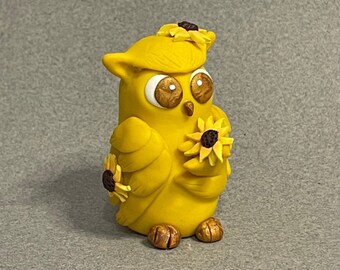 Sunflower Owl, Fantasy Animal, Owl Figurine, Handmade Clay Figurine, Polymer Clay Owl, Whimsical, Polymer Clay Flower
