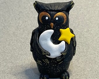 Night Owl, Polymer Clay Figurine, Polymer Clay Owl, Owl Figurine, Handmade Clay Figurine, Whimsical Bird, Moon and Stars Owl
