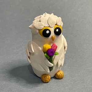 Spring Owl, Polymer Clay Figurine, Polymer Clay Owl, Owl Figurine, Handmade Clay Figurine, Whimsical Bird, Snow Owl, Flower Owl, Snowy Owl