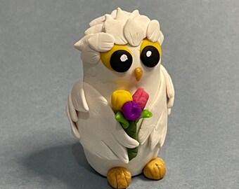 Spring Owl, Polymer Clay Figurine, Polymer Clay Owl, Owl Figurine, Handmade Clay Figurine, Whimsical Bird, Snow Owl, Flower Owl, Snowy Owl