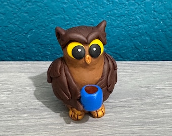 Hot Tea Owl, Polymer Clay Figurine, Polymer Clay Owl, Owl Figurine, Handmade Clay Figurine, Whimsical Bird, Owl Gift, Brown Owl