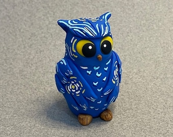 Blue Van Gogh "Starry Night" Owl, Fantasy Animal, Owl Figurine, Handmade Clay Figurine, Polymer Clay Owl, Polymer Clay Flower, Blue Bird