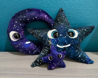 Galaxy Happy Moon and Stars Plushie Pack,  Fantasy Creature , Nature Plush , Handmade Plushie, Stuffed Animal, Whimsical, Baby Shower Gift