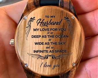 To My Husband - My Love For You is As Deep As the Ocean - Wooden Watch, Anniversary Gifts for Husband, Birthday Gifts for Husband