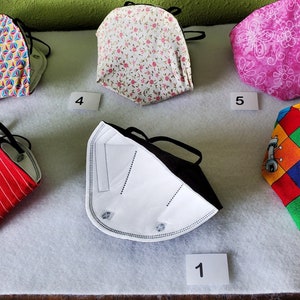May include: Six different face masks, numbered 1 through 6, are displayed on a white surface. The masks are made of various fabrics and patterns, including floral, striped, and geometric designs. One mask is a black and white medical-style mask.