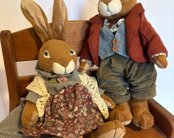 Plush Rabbits on Wooden Bench, Chelsea and Carlton, from Berry Patch by Russ toys