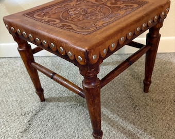 Tooled Leather Stool with Turned Hardwood Legs and Spindles