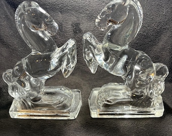 Fostoria Clear Glass Vintage Horse Bookends or Doorstops