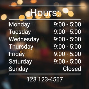 Custom Store Hours Vinyl Decal, Business Window Sign, Business Hours Sticker
