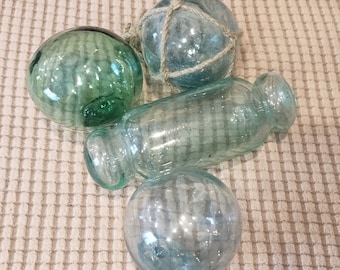 Set of 4 Japanese Glass Fishing Floats, Original Net 