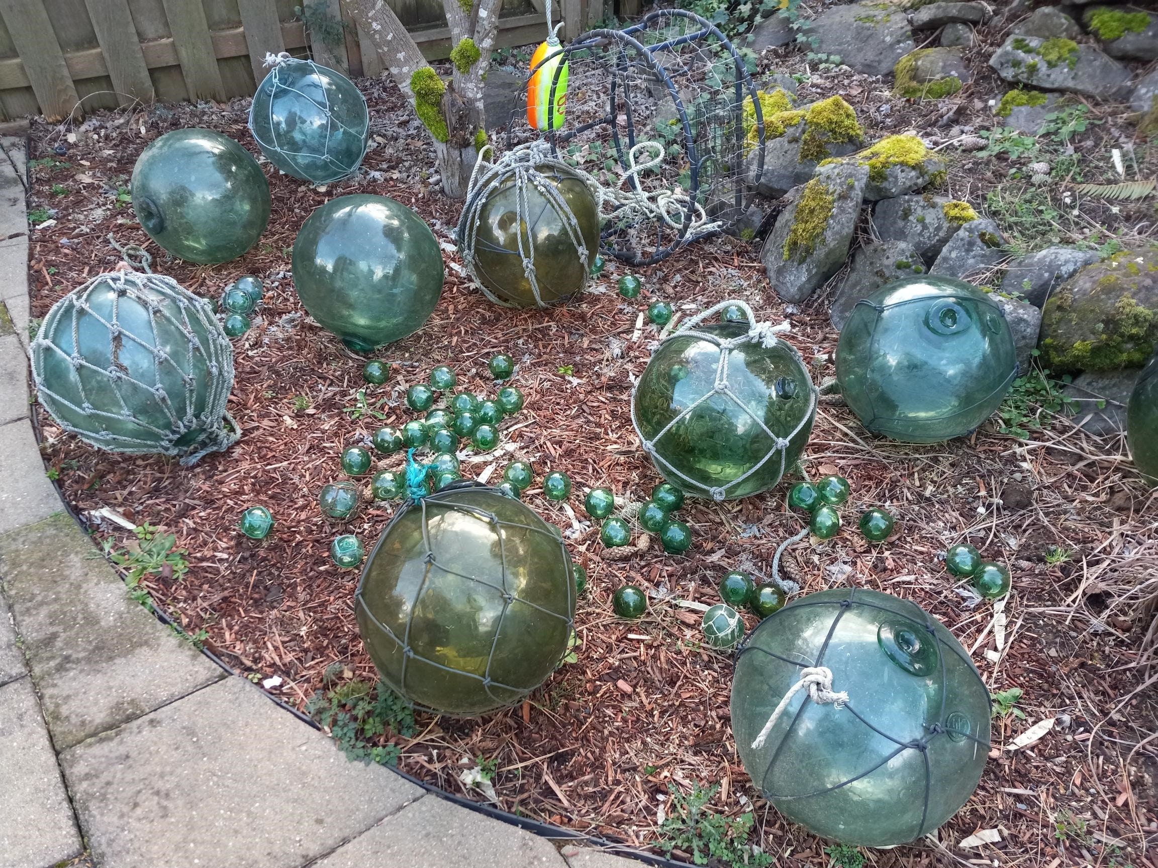 3 Vintage Green Japanese Blown Glass Fishing Floats Nautical Buoy