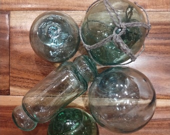 FREE SHIPPING Mixed Set of 5 Authentic Japanese Glass fishing floats Vintage Japanese Glass fishing floats, hand made & great price