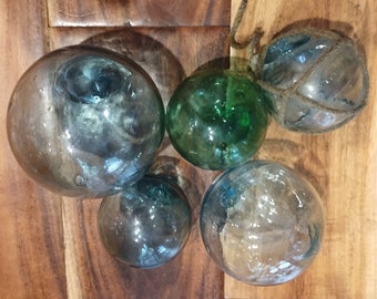 Japanese Glass Floats, Old Fish Net Buoys, Vintage Floats Once Used By  Fisherman In Japan, Assorted Sizes, Mix of Aquas & Greens