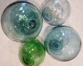 2 Sets = FREE SHIPPING, mixed set of 4 Old Japanese Glass fishing floats!  Vintage hand made 50+ years old;  5 Stars, Please see my reviews