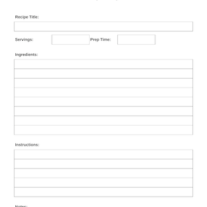 Fiche de recette simple – PDF imprimable et remplissable | Disposition minimaliste et épurée pour la préparation des repas et une cuisine saine | format A4