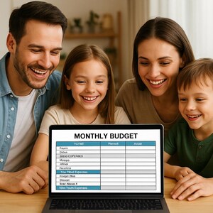 Könnte beinhalten: Eine vierköpfige Familie betrachtet lächelnd einen Laptop-Bildschirm mit einer "MONATSBUDGET"-Tabelle. Die Tabelle hat Spalten für Posten, geplante Beträge und tatsächliche Beträge. Die Familie sitzt um einen Holztisch.