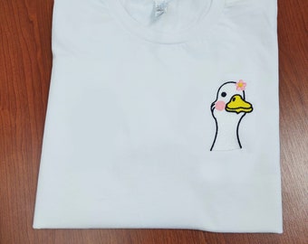 Embroidery Cute Animal T-Shirts, Minimal Embrodiered Duck With Flower, Embroidery Goose Tee, Crewneck Unisex Shirt