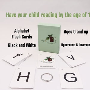 May include: Black and white alphabet flash cards with uppercase and lowercase letters. The cards are arranged in a circle around a green box with the text "Sweet Pea Learning" on it. The text "Ages 0 and up" is written above the box.