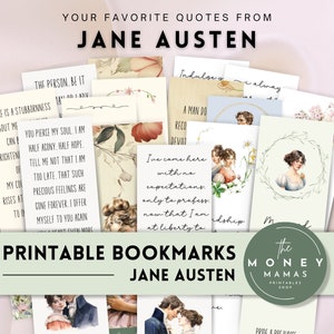 Jane Austen printable bookmarks, cute bookmarks plus reading tracker, perfect Jane Austen gifts for women with love quotes