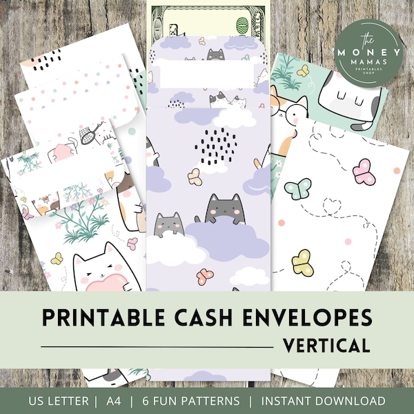 Cash Stuffing Envelopes -  Cash Envelopes Printable for Budgeting, Money Envelopes in 6 Fun Kawaii Cat Patterns, Instant Digital Download