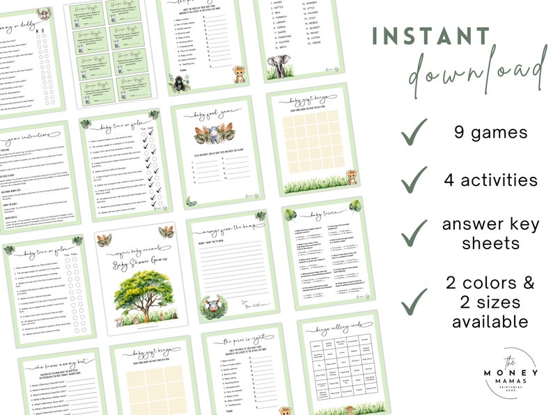 Safari Baby Shower Games Printable Bundle, Baby Safari Animals, Bingo