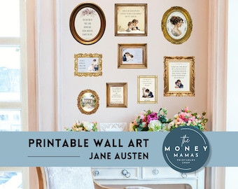 Jane Austen Printable Wall Art - vintage style home decor digital prints, perfect light academia book lover gift - Pride & Prejudice, Emma