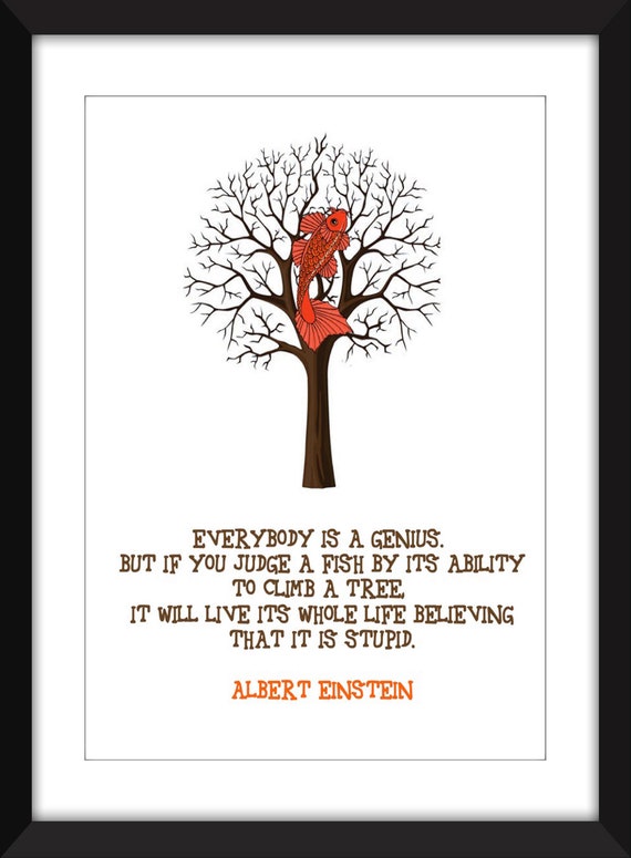Albert Einstein Fish Quote Albert Einstein Stupid Fish Quote Unframed Print | Etsy