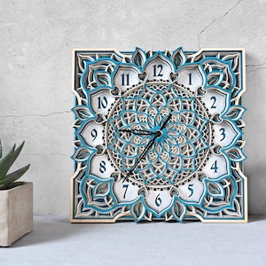 Exclusive Mandala Wal Wooden Clock Hand Made - Turquoise, Silver&Natural