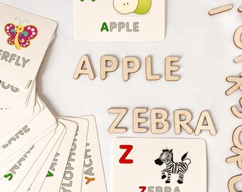 Wooden Letters and Alphabet Cards, Learning Toys for Kids, Alphabet Animal Flashcards, Alphabet Letters, Montessori Cards