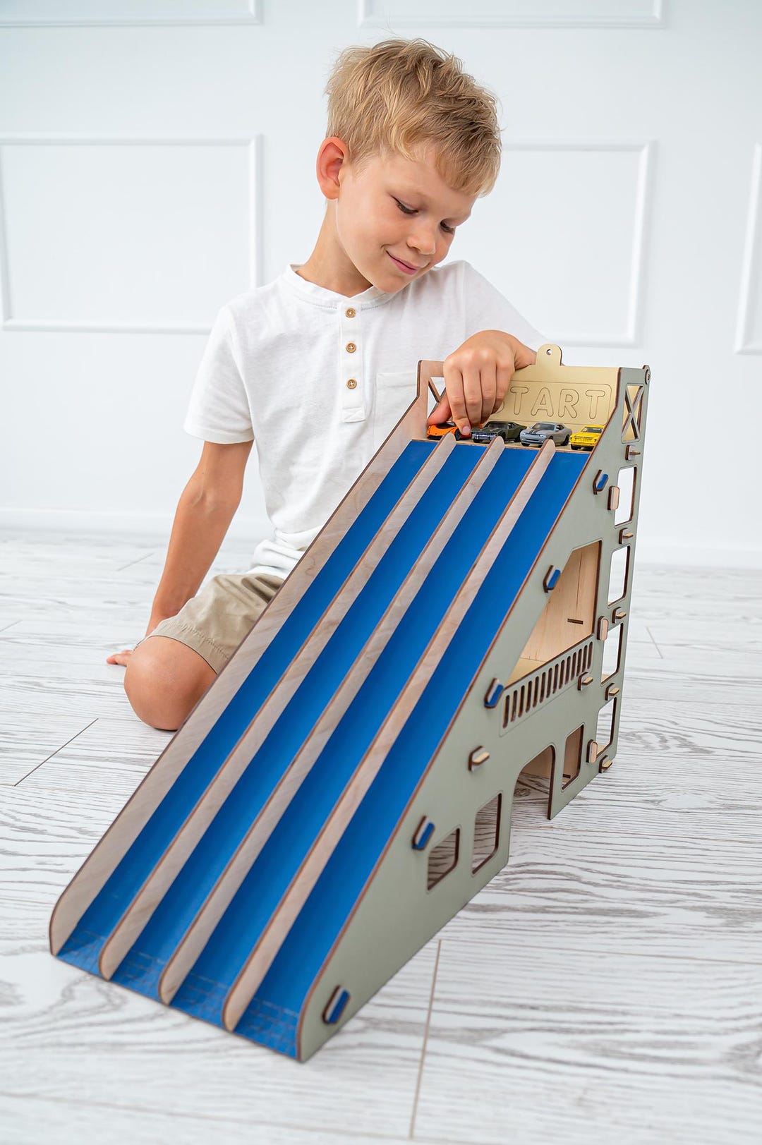 Wooden Car Ramp Toy With 4 Cars & Bowling Game - Fun Race Track For Toddlers 1-6 Years Old