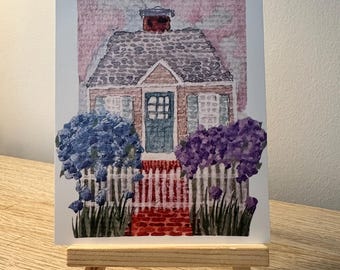 Watercolor Gouache Print | Original Cape House Blue Purple Hydrangea