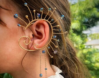 Boucles d'oreilles bleu et doré cyberpunk science-fiction fantaisie lune pour accessoire de déguisement cosplay d'halloween